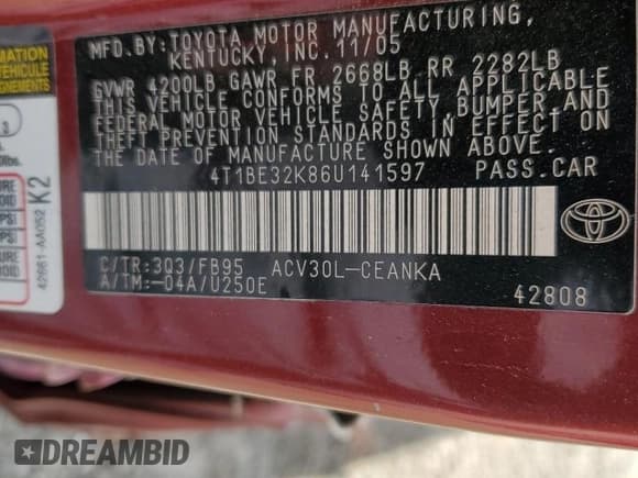 ✅ 2006 Toyota Camry STD • VIN: 4T1BE32K86U141597 • Lot: 87298555. Listed on Copart with Not provided. Free auction sales archive from the USA and detailed vehicle history report at DreamBid. Image 13.