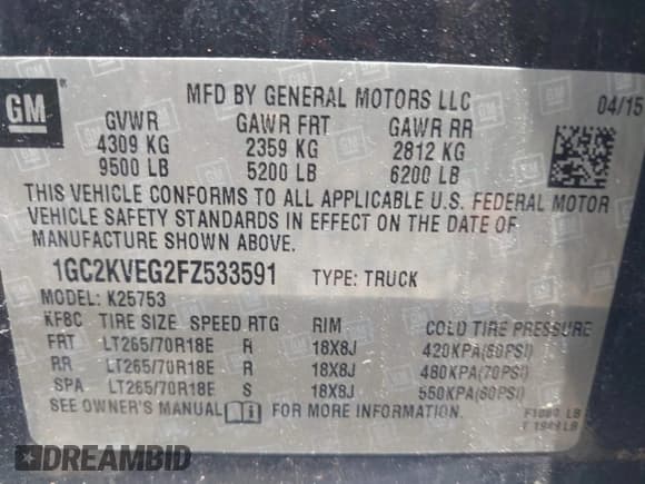 ✅ 2015 Chevrolet Silverado 2500HD LT • VIN: 1GC2KVEG2FZ533591 • Lot: 42689674. Wystawiony na IAAI z przebiegiem 133 697 mil. Bezpłatny archiwum sprzedaży aukcyjnych z USA i szczegółowy raport historii pojazdu na DreamBid. Zdjęcie 9.