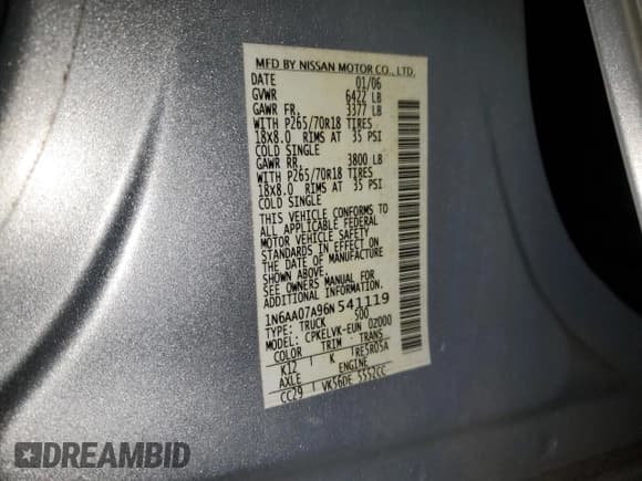 ✅ 2006 Nissan Titan XE • VIN: 1N6AA07A96N541119 • Лот: 92638435. Опубликован ранее на Copart с пробегом 82 874 миль. Бесплатный доступ к архиву аукционных продаж из США и подробный отчёт об истории автомобиля на DreamBid. Изображение 12.