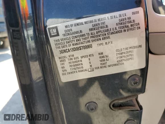 ✅ 2008 Chevrolet HHR LS • VIN: 3GNCA13D08S709960 • Lot: 53173895. Listed on Copart with 123,029 mi. Free auction sales archive from the USA and detailed vehicle history report at DreamBid. Image 13.