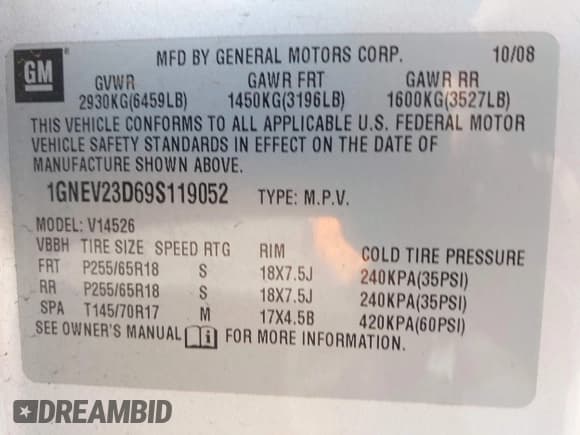 ✅ 2009 Chevrolet Traverse 1LT • VIN: 1GNEV23D69S119052 • Lot: 43628102. Wystawiony na IAAI z przebiegiem 133 755 mil. Bezpłatny archiwum sprzedaży aukcyjnych z USA i szczegółowy raport historii pojazdu na DreamBid. Zdjęcie 9.