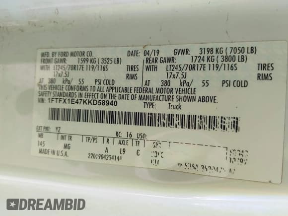 ✅ 2019 Ford F-150 XL • VIN: 1FTFX1E47KKD58940 • Lot: 41332181. Listed on IAAI with 74,938 mi. Free auction sales archive from the USA and detailed vehicle history report at DreamBid. Image 9.