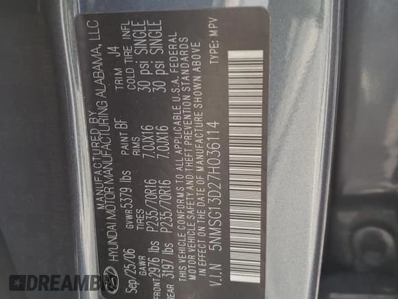 ✅ 2007 Hyundai Santa Fe GLS • VIN: 5NMSG13D27H036114 • Lot: 61094094. Listed on Copart with 134,460 mi. Free auction sales archive from the USA and detailed vehicle history report at DreamBid. Image 13.