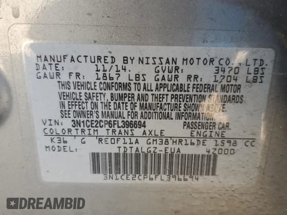 ✅ 2015 Nissan Note SR • VIN: 3N1CE2CP6FL396694 • Lot: 48344225. Listed on Copart with 127,620 mi. Free auction sales archive from the USA and detailed vehicle history report at DreamBid. Image 14.