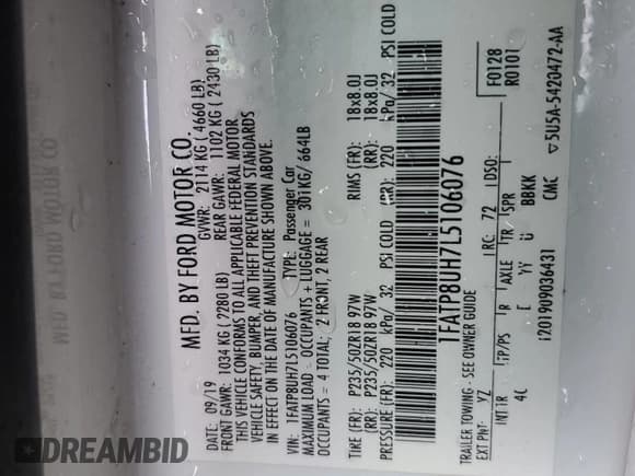 ✅ 2020 Ford Mustang EcoBoost • VIN: 1FATP8UH7L5106076 • Lot: 63852305. Listed on Copart with 99,760 mi. Free auction sales archive from the USA and detailed vehicle history report at DreamBid. Image 12.