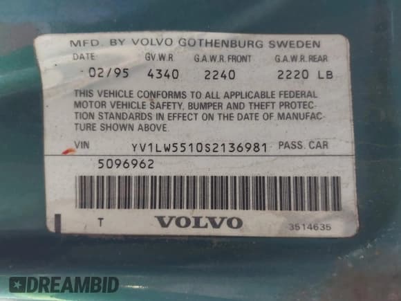 ✅ 1995 Volvo 850 • VIN: YV1LW5510S2136981 • Лот: 42735214. Опубликован ранее на IAAI с пробегом 311 593 миль. Бесплатный доступ к архиву аукционных продаж из США и подробный отчёт об истории автомобиля на DreamBid. Изображение 9.