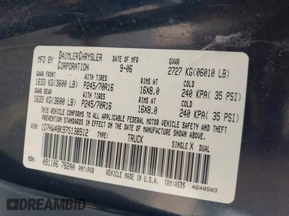 2007 Dodge Dakota SLT with VIN 1D7HW48K97S138512, listed as a IAAI auction lot 42386042 with 146,629 mi miles and . Bid and sale history available at DreamBid. Image 9.