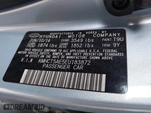 ✅ 2014 Hyundai Accent GS • VIN: KMHCT5AE5EU183872 • Lot: 43828884. Listed on IAAI with 121,613 mi. Free auction sales archive from the USA and detailed vehicle history report at DreamBid. Image 9.