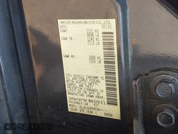 ✅ 2010 Nissan Maxima SV • VIN: 1N4AA5AP5AC860931 • Лот: 42108943. Опубликован ранее на IAAI с пробегом 125 351 миль. Бесплатный доступ к архиву аукционных продаж из США и подробный отчёт об истории автомобиля на DreamBid. Изображение 9.