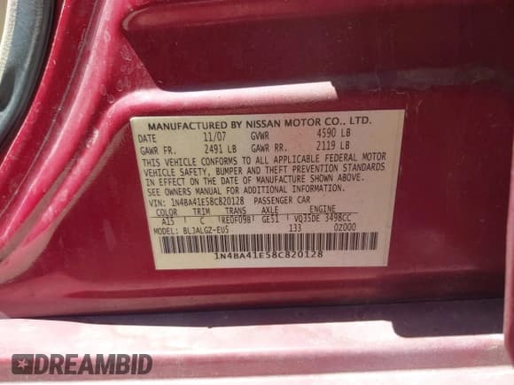 ✅ 2008 Nissan Maxima SE • VIN: 1N4BA41E58C820128 • Лот: 42292383. Опубликован ранее на IAAI с пробегом 190 731 миль. Бесплатный доступ к архиву аукционных продаж из США и подробный отчёт об истории автомобиля на DreamBid. Изображение 9.