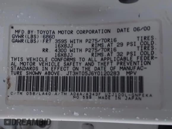 ✅ 2000 Toyota Land Cruiser • VIN: JT3HT05J6Y0120283 • Lot: 43677278. Wystawiony na IAAI z przebiegiem 288 299 mil. Bezpłatny archiwum sprzedaży aukcyjnych z USA i szczegółowy raport historii pojazdu na DreamBid. Zdjęcie 9.
