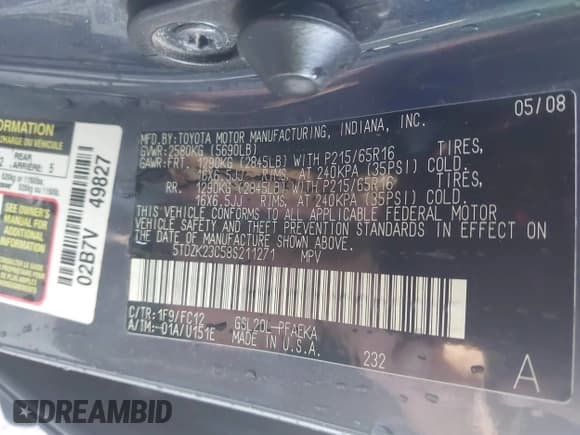 ✅ 2008 Toyota Sienna CE • VIN: 5TDZK23C58S211271 • Лот: 43648127. Опубликован ранее на IAAI с пробегом 200 687 миль. Бесплатный доступ к архиву аукционных продаж из США и подробный отчёт об истории автомобиля на DreamBid. Изображение 9.