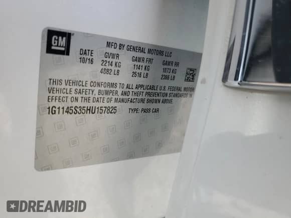 2017 Chevrolet Impala Premier с VIN 1G1145S35HU157825, выставлен на аукционе Copart как лот 69962134 с пробегом 137 802 миль миль и Списание • Salvage title. История ставок и продаж доступна на DreamBid. Изображение 12.