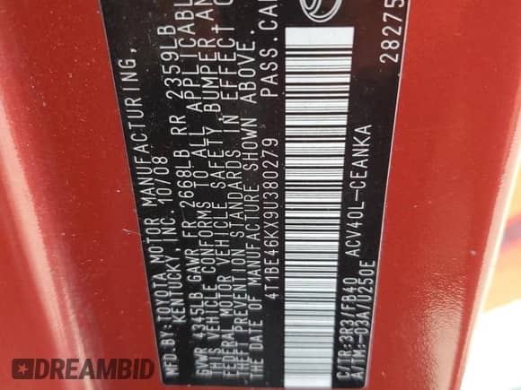 2009 Toyota Camry с VIN 4T1BE46KX9U380279, выставлен на аукционе Copart как лот 82516855 с пробегом 193 196 миль миль и Чистый • Clean title. История ставок и продаж доступна на DreamBid. Изображение 13.