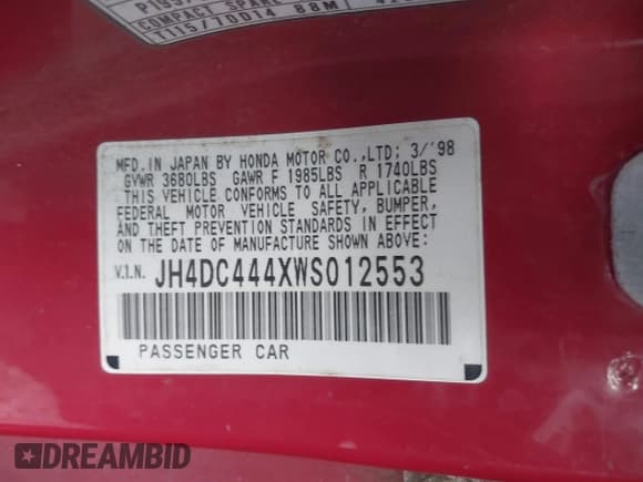 ✅ 1998 Acura Integra RS • VIN: JH4DC444XWS012553 • Lot: 41928443. Listed on IAAI with 173,059 mi. Free auction sales archive from the USA and detailed vehicle history report at DreamBid. Image 9.