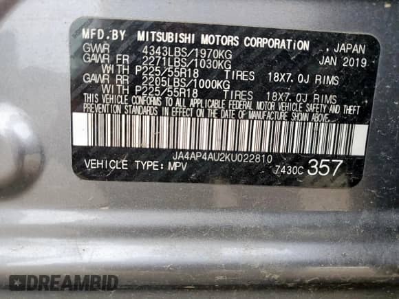 2019 Mitsubishi Outlander SE with VIN JA4AP4AU2KU022810, listed as a Copart auction lot 70257285 with 57,817 mi miles and Salvage title. Bid and sale history available at DreamBid. Image 12.