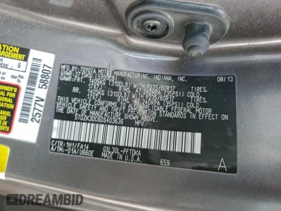 ✅ 2013 Toyota Sienna L • VIN: 5TDZK3DC6DS403636 • Lot: 93187025. Listed on Copart with 228,661 mi. Free auction sales archive from the USA and detailed vehicle history report at DreamBid. Image 13.