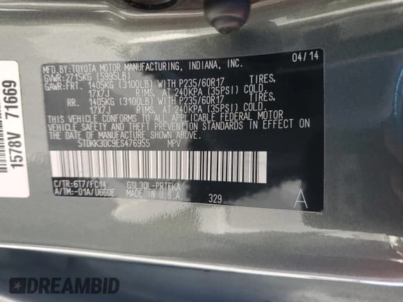 ✅ 2014 Toyota Sienna LE AAS • VIN: 5TDKK3DC9ES476955 • Lot: 89883015. Listed on Copart with 224,997 mi. Free auction sales archive from the USA and detailed vehicle history report at DreamBid. Image 14.