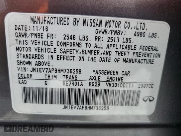 ✅ 2017 Infiniti Q50 Premium • VIN: JN1EV7AP9HM736258 • Lot: 84917605. Listed on Copart with 121,562 mi. Free auction sales archive from the USA and detailed vehicle history report at DreamBid. Image 12.