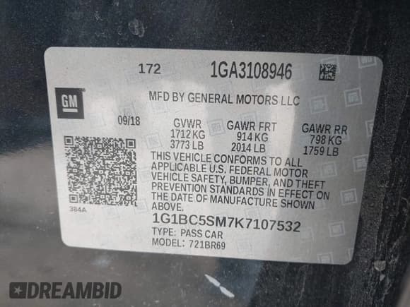 ✅ 2019 Chevrolet Cruze LS • VIN: 1G1BC5SM7K7107532 • Lot: 43222245. Listed on IAAI with 140,995 mi. Free auction sales archive from the USA and detailed vehicle history report at DreamBid. Image 9.