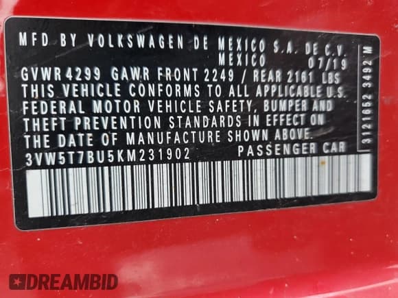 ✅ 2019 Volkswagen Jetta S • VIN: 3VW5T7BU5KM231902 • Lot: 82718365. Listed on Copart with 120,643 mi. Free auction sales archive from the USA and detailed vehicle history report at DreamBid. Image 12.