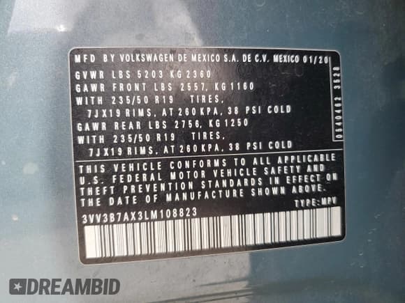 ✅ 2020 Volkswagen Tiguan SE • VIN: 3VV3B7AX3LM108823 • Lot: 87017385. Wystawiony na Copart z przebiegiem 100 492 mil. Bezpłatny archiwum sprzedaży aukcyjnych z USA i szczegółowy raport historii pojazdu na DreamBid. Zdjęcie 12.