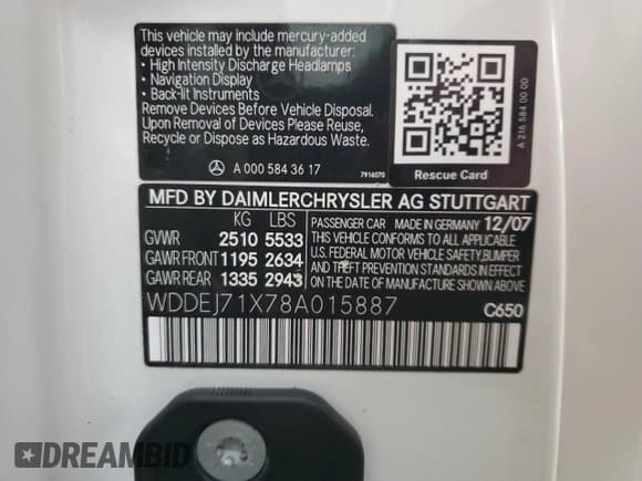 ✅ 2008 Mercedes-Benz CL 550 • VIN: WDDEJ71X78A015887 • Лот: 86195154. Опубликован ранее на Copart с пробегом 108 137 миль. Бесплатный доступ к архиву аукционных продаж из США и подробный отчёт об истории автомобиля на DreamBid. Изображение 13.