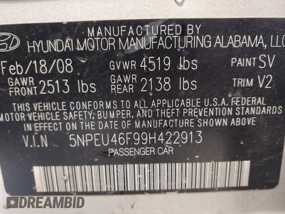 2009 Hyundai Sonata SE with VIN 5NPEU46F99H422913, listed as a IAAI auction lot 42339215 with 184,514 mi miles and . Bid and sale history available at DreamBid. Image 9.