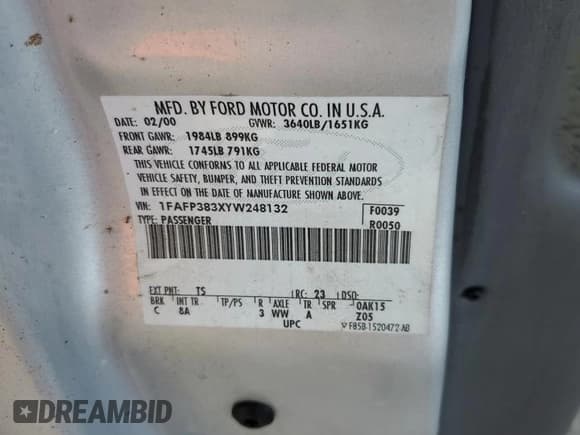 ✅ 2000 Ford Focus ZTS • VIN: 1FAFP383XYW248132 • Lot: 58905125. Listed on Copart with 174,504 mi. Free auction sales archive from the USA and detailed vehicle history report at DreamBid. Image 12.