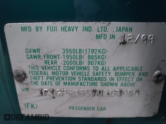 ✅ 2000 Subaru Impreza Outback Special Sports • VIN: JF1GF4855YH807900 • Lot: 41458315. Listed on IAAI with 121,606 mi. Free auction sales archive from the USA and detailed vehicle history report at DreamBid. Image 9.