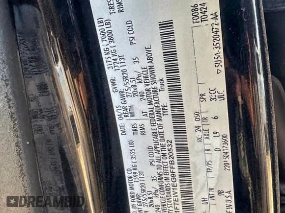 ✅ 2015 Ford F-150 Lariat • VIN: 1FTEW1EG9FFB20532 • Lot: 95578425. Listed on Copart with 195,786 mi. Free auction sales archive from the USA and detailed vehicle history report at DreamBid. Image 10.