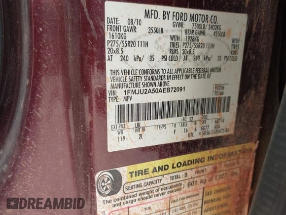 ✅ 2010 Ford Expedition Limited • VIN: 1FMJU2A50AEB72091 • Lot: 42371445. Wystawiony na IAAI z przebiegiem 281 016 mil. Bezpłatny archiwum sprzedaży aukcyjnych z USA i szczegółowy raport historii pojazdu na DreamBid. Zdjęcie 9.