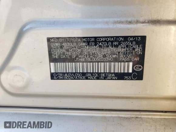 ✅ 2013 Lexus GS 350 • VIN: JTHBE1BL0D5023390 • Lot: 55773935. Listed on Copart with 185,707 mi. Free auction sales archive from the USA and detailed vehicle history report at DreamBid. Image 12.