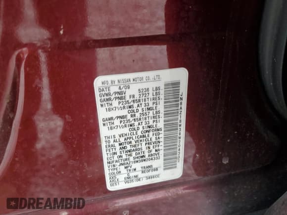 ✅ 2009 Nissan Murano SL • VIN: JN8AZ18W39W204332 • Lot: 82762625. Listed on Copart with 211,294 mi. Free auction sales archive from the USA and detailed vehicle history report at DreamBid. Image 13.