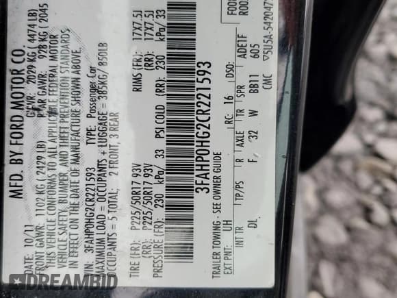 ✅ 2012 Ford Fusion SE • VIN: 3FAHP0HG2CR221593 • Lot: 91659145. Listed on Copart with 212,797 mi. Free auction sales archive from the USA and detailed vehicle history report at DreamBid. Image 12.