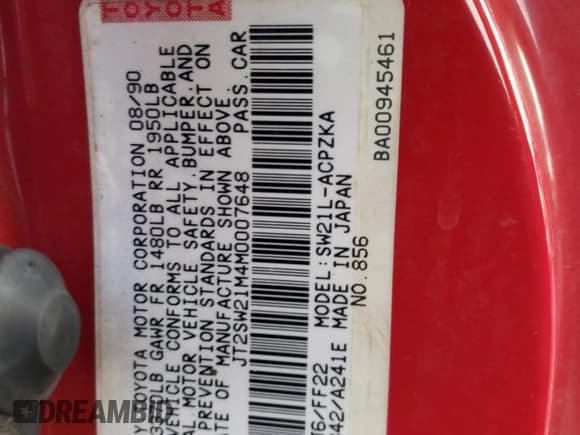 ✅ 1991 Toyota MR2 • VIN: JT2SW21M4M0007648 • Lot: 82682644. Listed on Copart with 140,110 mi. Free auction sales archive from the USA and detailed vehicle history report at DreamBid. Image 14.