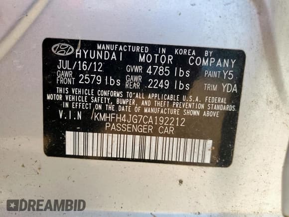 ✅ 2012 Hyundai Azera • VIN: KMHFH4JG7CA192212 • Лот: 65570545. Опубликован ранее на Copart с пробегом 120 705 миль. Бесплатный доступ к архиву аукционных продаж из США и подробный отчёт об истории автомобиля на DreamBid. Изображение 12.