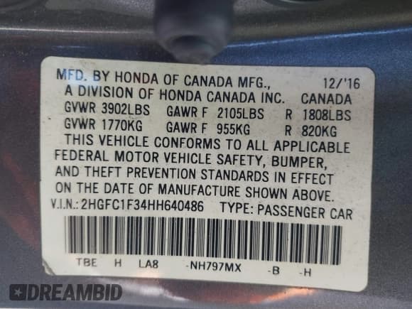 ✅ 2017 Honda Civic EX-T • VIN: 2HGFC1F34HH640486 • Lot: 43007728. Listed on IAAI with 132,879 mi. Free auction sales archive from the USA and detailed vehicle history report at DreamBid. Image 9.