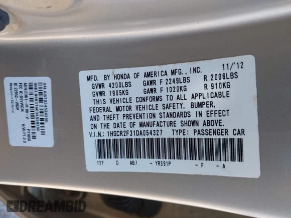 ✅ 2013 Honda Accord LX • VIN: 1HGCR2F31DA054327 • Lot: 43713096. Wystawiony na IAAI z przebiegiem 189 780 mil. Bezpłatny archiwum sprzedaży aukcyjnych z USA i szczegółowy raport historii pojazdu na DreamBid. Zdjęcie 9.