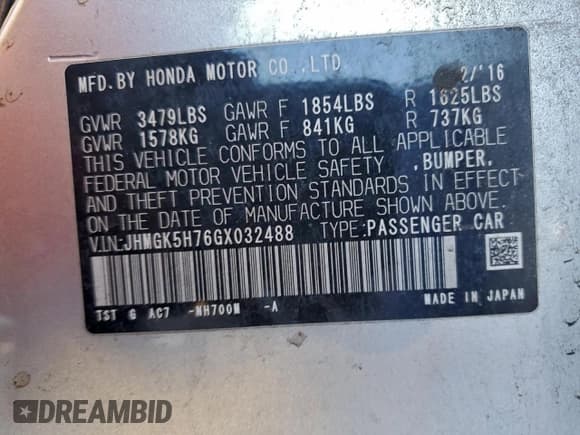 ✅ 2016 Honda Fit EX • VIN: JHMGK5H76GX032488 • Lot: 95309745. Listed on Copart with 62,157 mi. Free auction sales archive from the USA and detailed vehicle history report at DreamBid. Image 12.