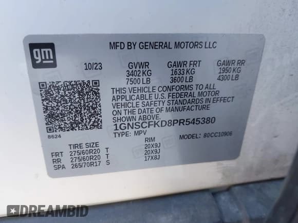 ✅ 2023 Chevrolet Suburban Premier • VIN: 1GNSCFKD8PR545380 • Lot: 43809120. Listed on IAAI with 54,109 mi. Free auction sales archive from the USA and detailed vehicle history report at DreamBid. Image 9.