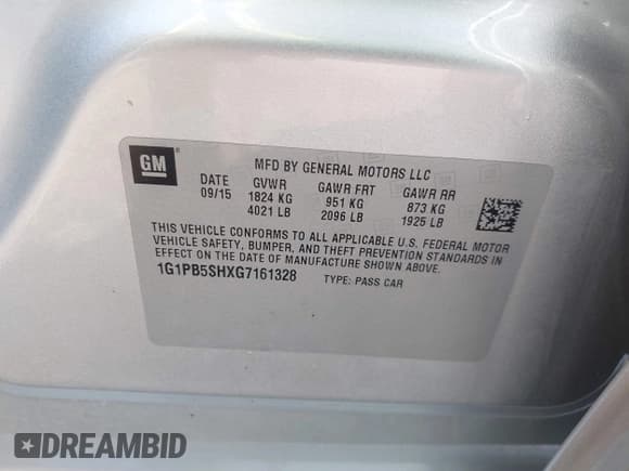 ✅ 2016 Chevrolet Cruze LS • VIN: 1G1PB5SHXG7161328 • Lot: 43208427. Listed on IAAI with 146,591 mi. Free auction sales archive from the USA and detailed vehicle history report at DreamBid. Image 9.