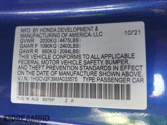 ✅ 2021 Honda Accord Sport • VIN: 1HGCV2F39MA033575 • Лот: 43518772. Опубликован ранее на IAAI с пробегом 62 098 миль. Бесплатный доступ к архиву аукционных продаж из США и подробный отчёт об истории автомобиля на DreamBid. Изображение 9.