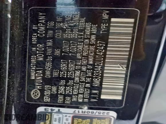 ✅ 2020 Hyundai Tucson Value • VIN: KM8J33A42LU142437 • Lot: 89807265. Listed on Copart with 78,399 mi. Free auction sales archive from the USA and detailed vehicle history report at DreamBid. Image 13.