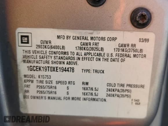 ✅ 1999 Chevrolet Silverado 1500 LT • VIN: 1GCEK19T0XE194478 • Лот: 77432954. Опубликован ранее на Copart с пробегом Не указан. Бесплатный доступ к архиву аукционных продаж из США и подробный отчёт об истории автомобиля на DreamBid. Изображение 12.