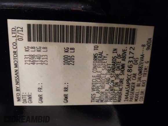 2012 Nissan Maxima S z VIN 1N4AA5AP9CC863172, wystawiony jako IAAI lot #42120073 z przebiegiem 102 500 mil mil oraz . Historia ofert i sprzedaży dostępna na DreamBid. Obrazek 9.