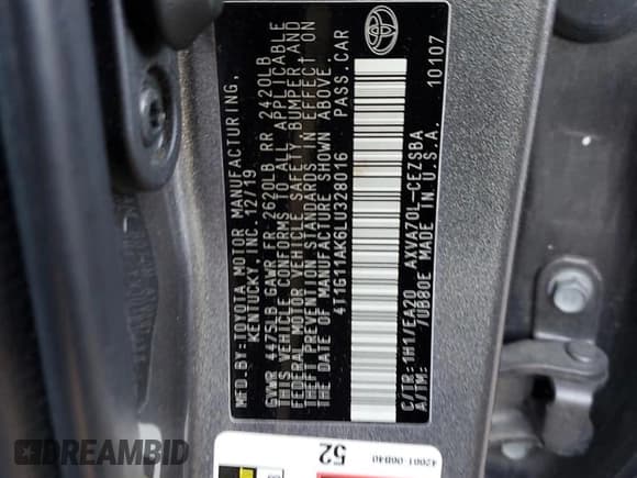 ✅ 2020 Toyota Camry SE • VIN: 4T1G11AK6LU328016 • Lot: 85437415. Wystawiony na Copart z przebiegiem 86 679 mil. Bezpłatny archiwum sprzedaży aukcyjnych z USA i szczegółowy raport historii pojazdu na DreamBid. Zdjęcie 12.