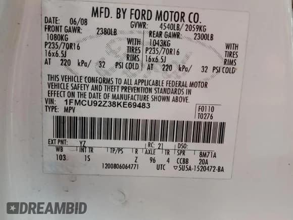 ✅ 2008 Ford Escape XLS • VIN: 1FMCU92Z38KE69483 • Lot: 66465705. Listed on Copart with 192,406 mi. Free auction sales archive from the USA and detailed vehicle history report at DreamBid. Image 13.