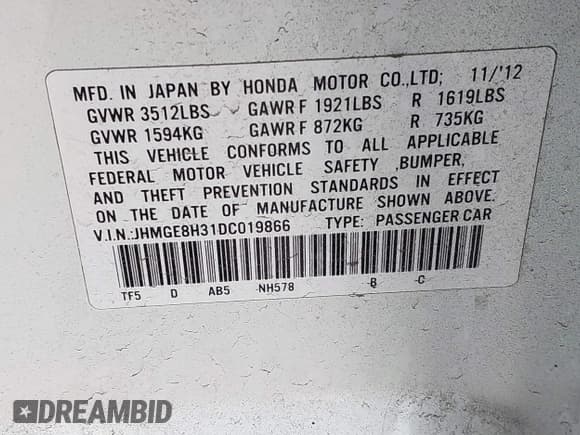 ✅ 2013 Honda Fit • VIN: JHMGE8H31DC019866 • Lot: 38914431. Listed on IAAI with 271,319 mi. Free auction sales archive from the USA and detailed vehicle history report at DreamBid. Image 9.