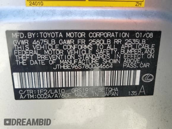 ✅ 2008 Lexus GS 350 • VIN: JTHBE96S780034664 • Lot: 81940255. Listed on Copart with 262,876 mi. Free auction sales archive from the USA and detailed vehicle history report at DreamBid. Image 12.